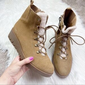 New Anne Klein Womens Donata Cognac Suede Lace-Up Faux Fur Lined Ankle Boots